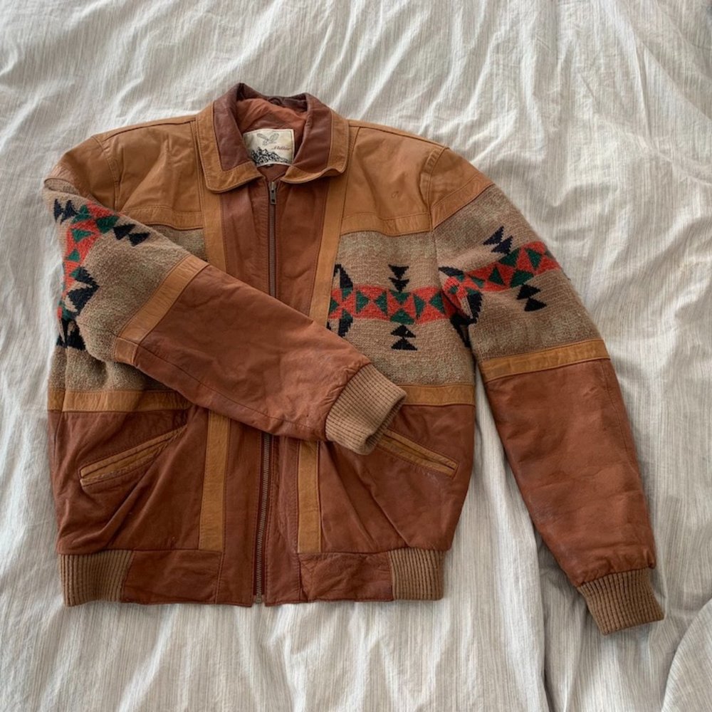 Adler genuine leather and knit jacket w/ Southwestern print, men's M